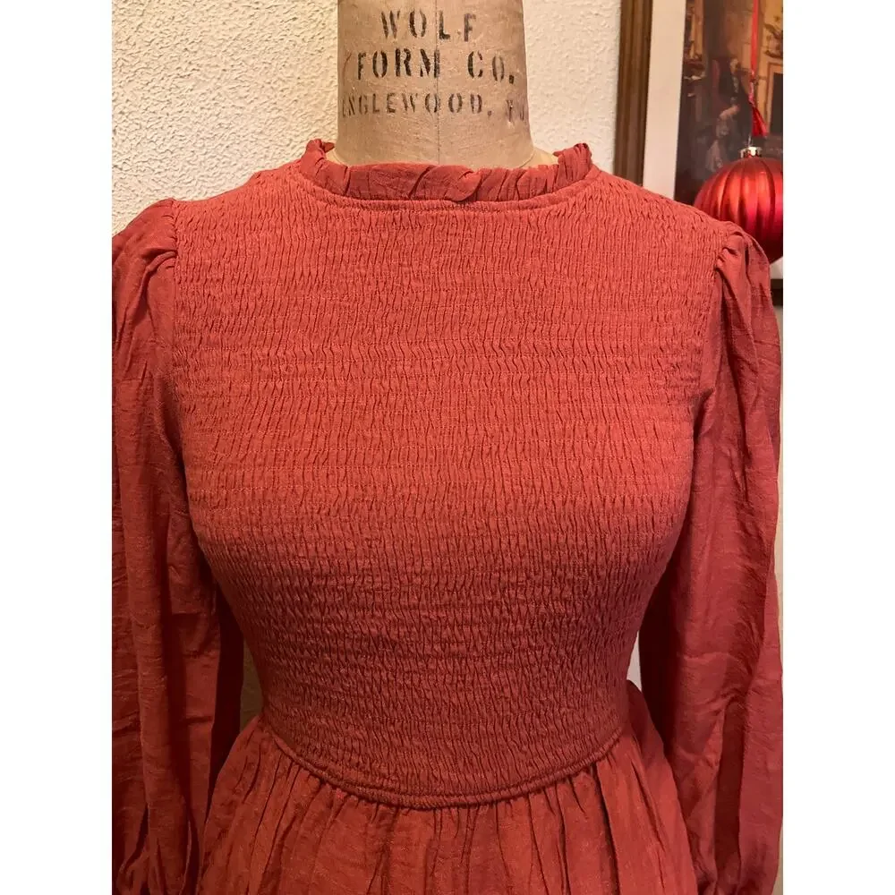 Smocked Frilled Neck Puff Sleeve Ruffle Hem Mini Dress NWOT Size S - Picture 4 of 11